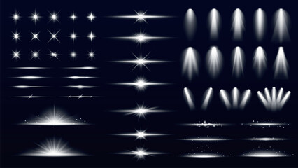 Fototapeta na wymiar A collection of light effects including stars, beams, and sparkles. Light beams and sparkles create a dazzling, bright effect. Stars and beams shine brightly. Overlay effect vector element set.