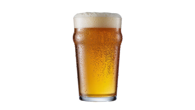 Isolated cold refreshing pint of golden lager beer with foamy head and condensation droplets