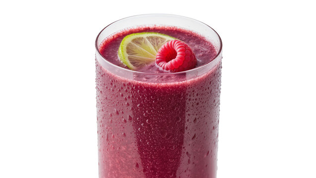 Isolated vibrant red berry smoothie in a chilled glass, garnished with fresh raspberry and lime.