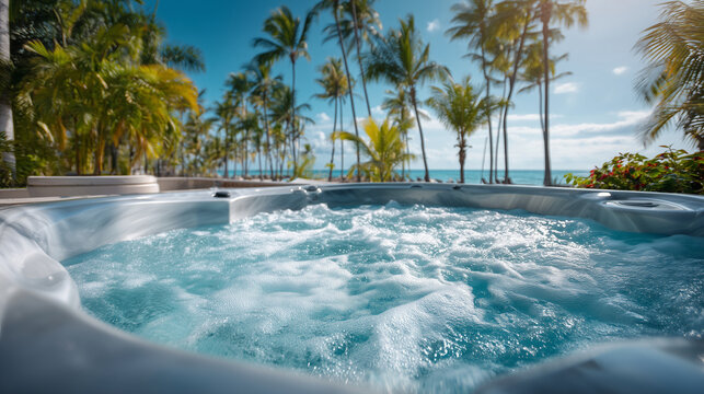 beautiful luxury hot tub jacuzzi full of churning water from the jacuzzi jets, we only see half of it, at a luxury resort in paradise location