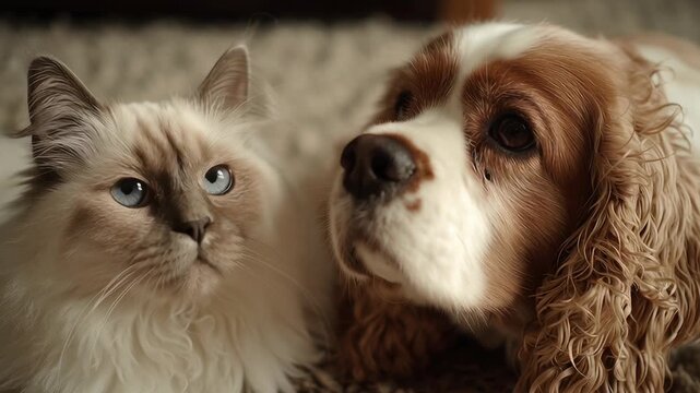 Gentle ambient light on a Birman Cat and Cocker Spaniel Dog, Soft light highlights two companions: a cat and a dog. Their eyes meet with quiet curiosity and affection. Fur textures contrast-fluffy