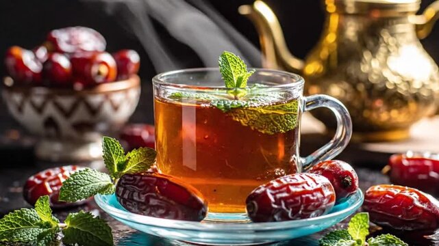 A glass mug of tea with dates and mint leaves on a saucer on a dark surface with a bowl of dates and a teapot in the background