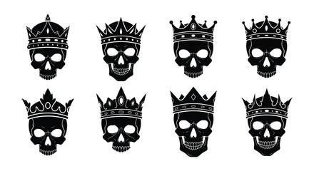 Fototapeta premium Eight skull illustrations with ornate crowns in a monochrome style