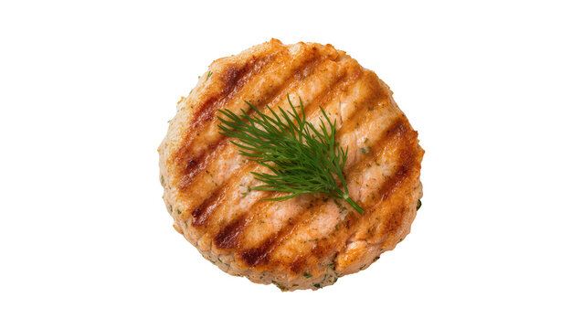 Isolated grilled salmon patty with fresh dill, healthy seafood dish, gourmet fish burger.
