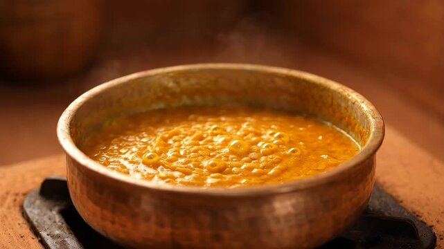 Traditional Indian Lentil Curry Simmering in Copper Pot for Festive and Cultural Celebrations