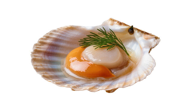 Isolated raw scallop in its shell with orange roe, white muscle, and fresh dill garnish
