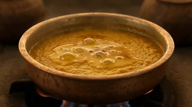 Traditional Indian Dal Simmering in Copper Pot with Spices and Aromatic Ingredients for Festive Meal