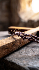 crown of thorns resting beside rustic wooden cross on stone surface, soft window light, dark moody background, symbolic Good Friday concept, professional studio photography