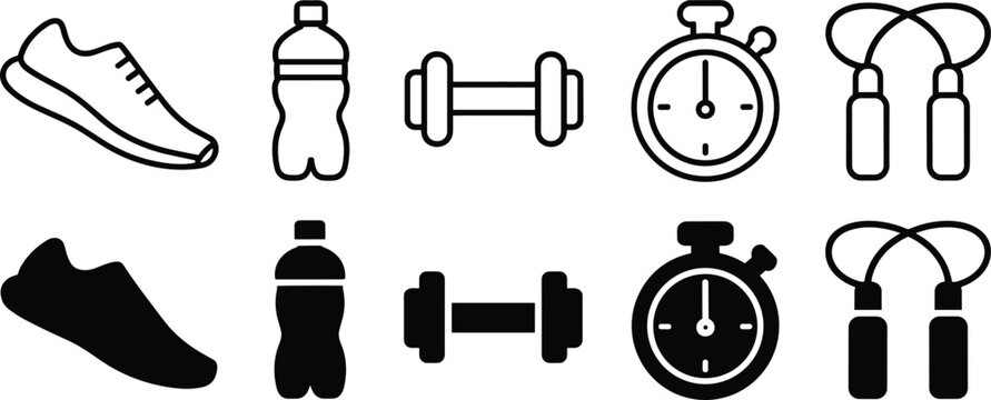 Minimalist fitness equipment icons set, running shoe water bottle dumbbell stopwatch jump rope, sport training workout gym health lifestyle outline silhouette collection