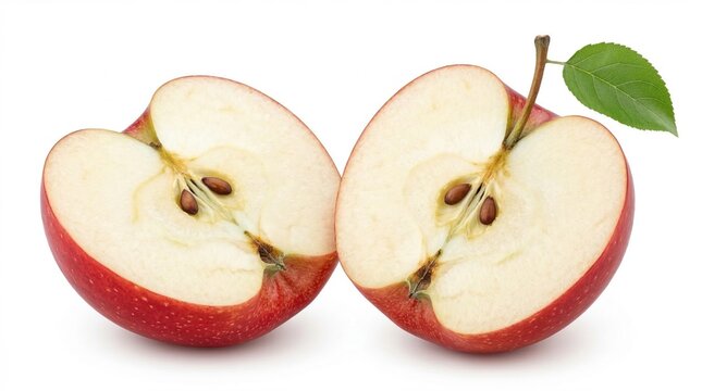 Two halves of a fresh red apple with seeds and leaf isolated on white background