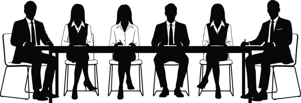 Black business people silhouettes sitting at long conference table for office meeting, professional corporate teamwork leadership and human resources flat vector illustration isolated