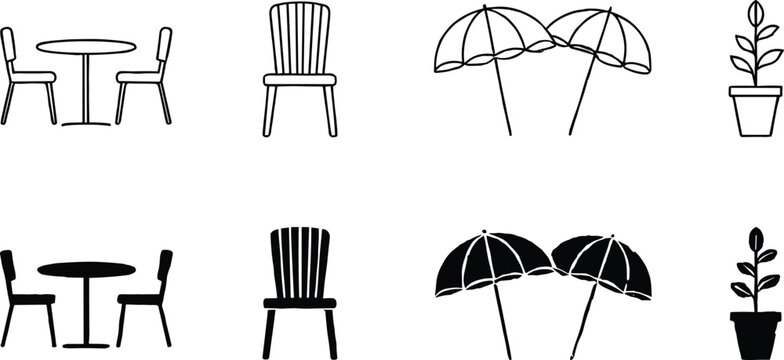 Outdoor furniture and garden icons set with table chairs umbrella potted plant, minimalist line and silhouette patio vector collection