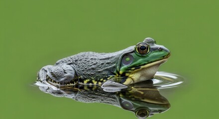 Naklejka premium Close-Up of a Green and Black Frog Resting on Water Surface with Reflection