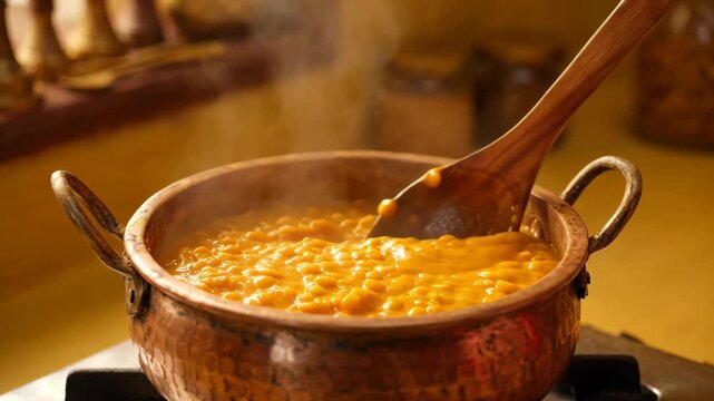 Traditional Indian Lentil Dal Cooking in Copper Pot with Wooden Spoon  Cultural Food Preparation  Festive Meal