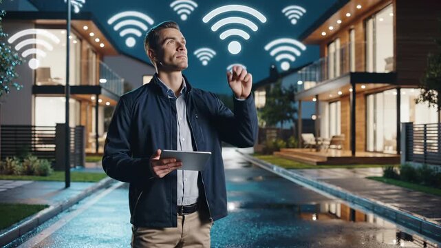 Man controls smart home with tablet showing wifi symbols at night. Person uses tablet for home automation near modern houses. Smart home control with wifi technology. Man with tablet outdoors.