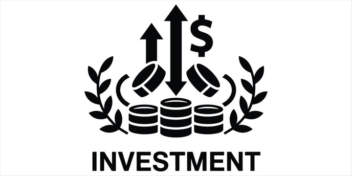 Black Silhouette Icon Of Investment With Coins Arrows And Laurel Wreath finance money