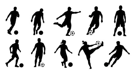 Silhouette set of soccer players in various actions, black and white vector art, action poses, design element