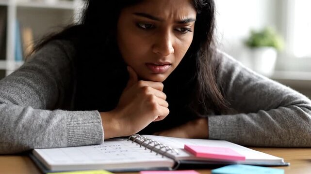 Stressed Young Indian Woman Studying and Planning with an Organizer Looking Overwhelmed at a Home Office Desk