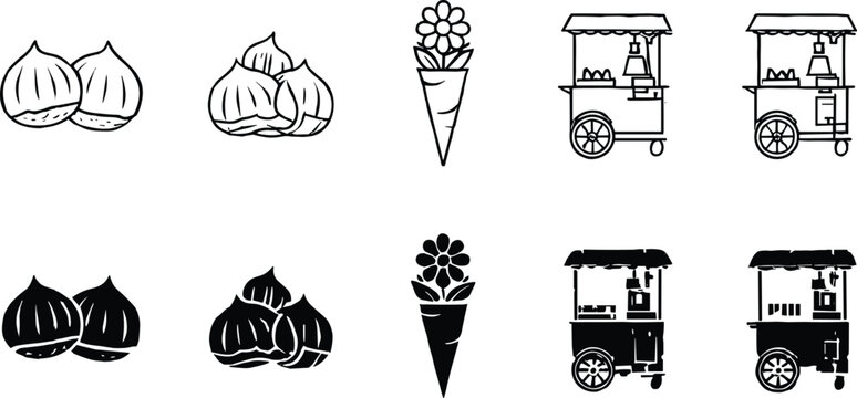 Street food snack icons set with chestnuts flower cone food cart vendor stall, minimalist line and silhouette street market vector collection