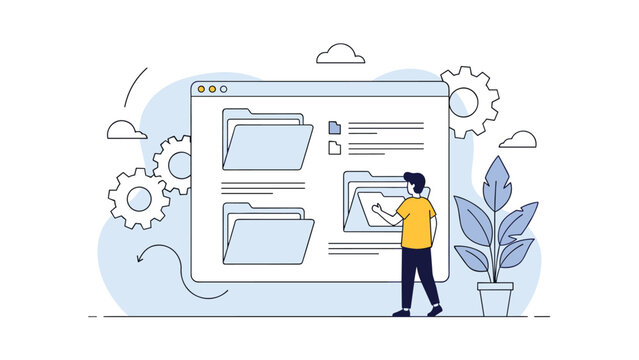 Digital file management concept features a man organizing various folders and documents on a large web browser screen for better data structure.