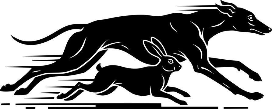 Black and white vector illustration of a greyhound dog chasing a rabbit. Concept of speed, hunting instinct, and animal racing competition.