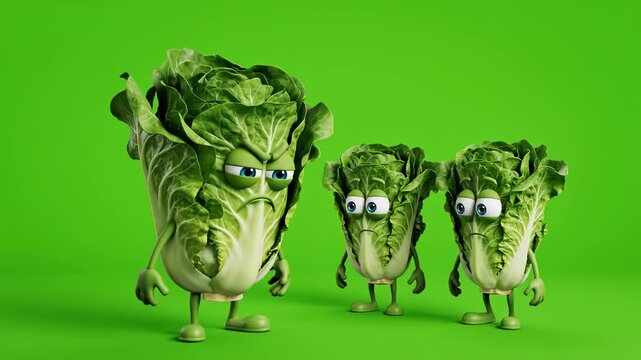 Animated cartoon lettuce characters standing together on green background showing sad and angry expressions with arms and legs