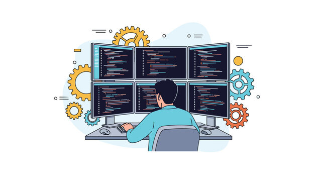 Computer programmer monitors multiple screens filled with complex software code and mechanical gears representing system engineering and logic.
