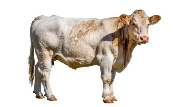 Isolated strong adult light-colored beef cattle with distinctive markings standing calmly