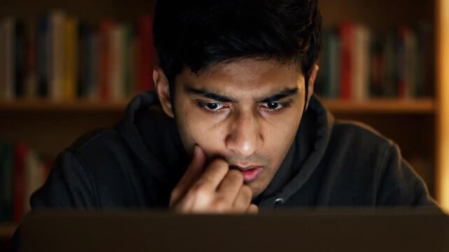 Focused Young Man Looking Anxiously at Laptop Screen at Night with Bookshelf in the Background
