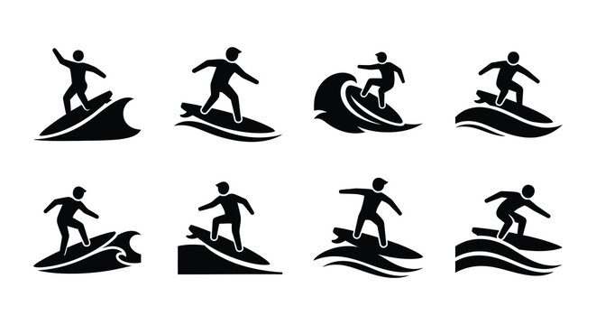 Black silhouettes of surfers riding ocean waves in various dynamic poses