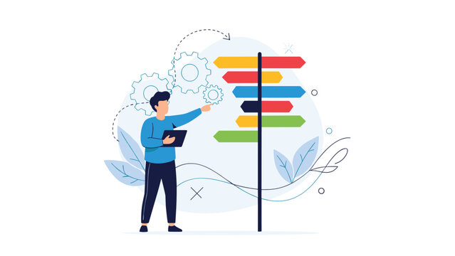 Confused man stands before a multi directional signpost at a crossroad while trying to decide on the best path for his future career or life.