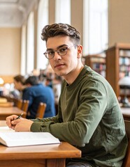 Fototapeta premium Young Male Student Studying in Library Looking at Camera.