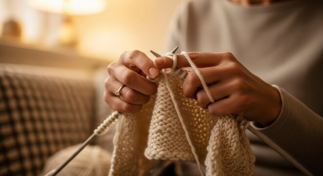 Woman hands knitting with beige yarn.
