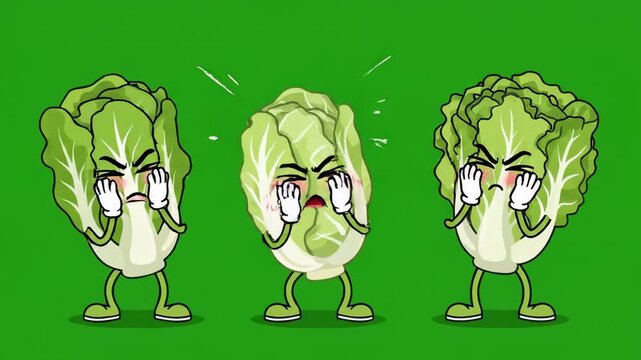 Animated cartoon napa cabbage characters expressing annoyance on green background