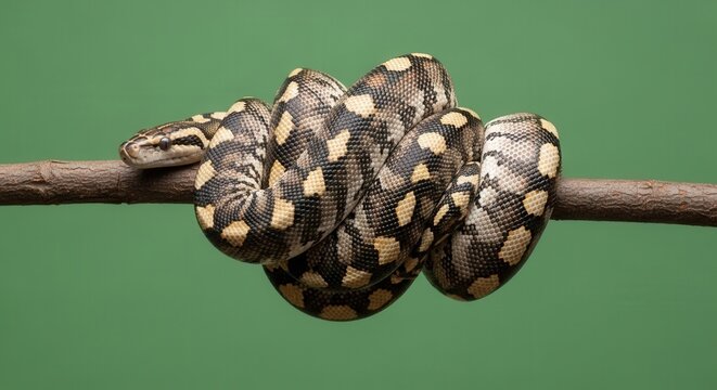 Coiled Ball Python Snake Resting on a Tree Branch in a Natural Environment