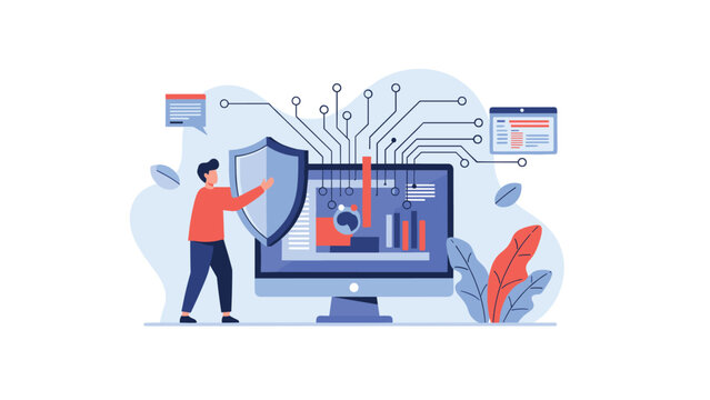 Strong man holds a large blue shield to protect a computer monitor from digital threats and symbolize data privacy and secure network systems today.
