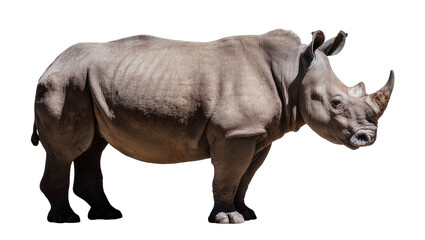 Fototapeta premium Isolated grey rhinoceros standing in profile, powerful endangered animal from the African savanna