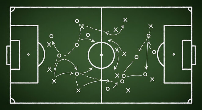 Soccer strategy diagram on green chalkboard, team tactics and plays, useful for coaching and analysis, game plan, play diagram, xs and os