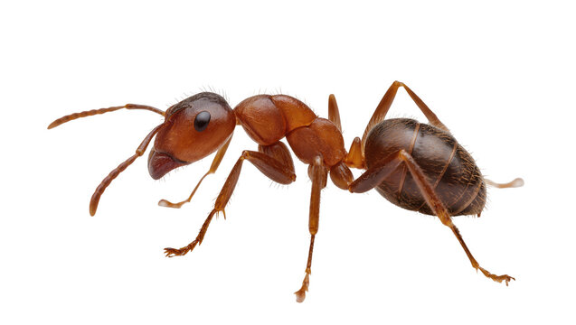 Isolated studio close-up of a single brown worker ant insect in detailed profile view