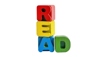 Isolated educational wooden alphabet blocks spelling the word READ in vivid colors