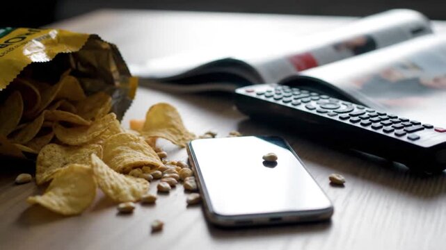 Close-up of Potato Chips Scattered on a Table with Smartphone and Remote Control in a Messy Living Room