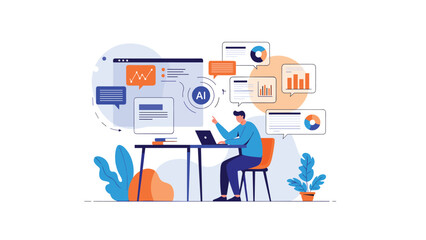 Fototapeta premium Focused analyst working at a computer desk with advanced artificial intelligence and data visualization dashboards.