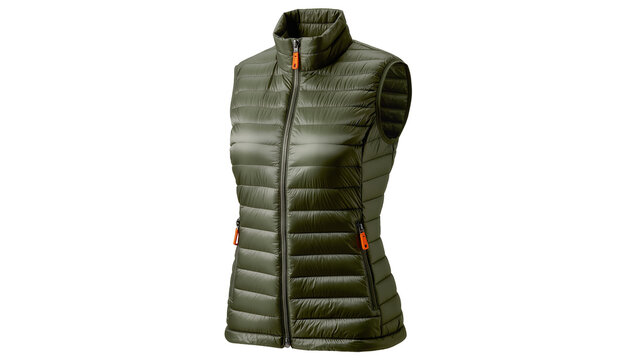 Isolated olive green women's quilted puffer vest, stylish and warm insulated outerwear fashion.