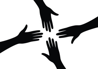 Fototapeta premium Four Black Hands Reaching Towards Center On White Background together unity