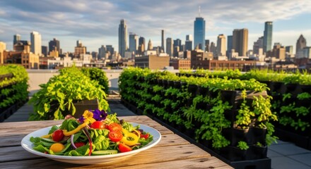 Fototapeta premium Fresh salad on rooftop garden table with city skyline background for food marketing