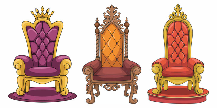 Throne chair collection with royal golden ornate king and queen seats representing monarchy luxury furniture vector illustration