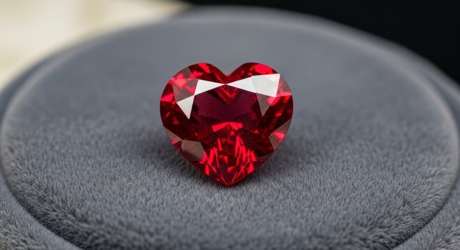 Heart shaped red gemstone on gray.
