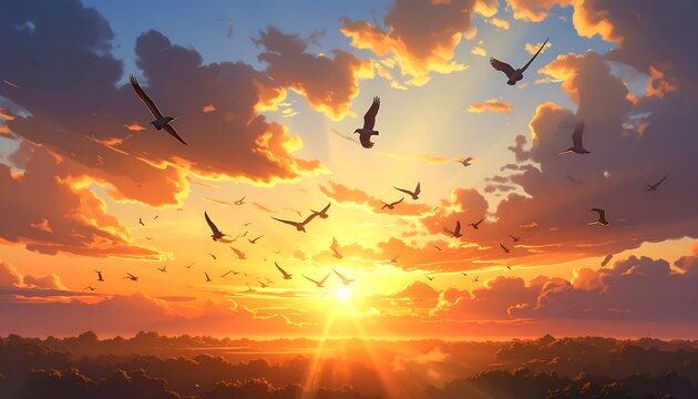 A serene sunset scene with birds flying across vibrant orange and yellow clouds