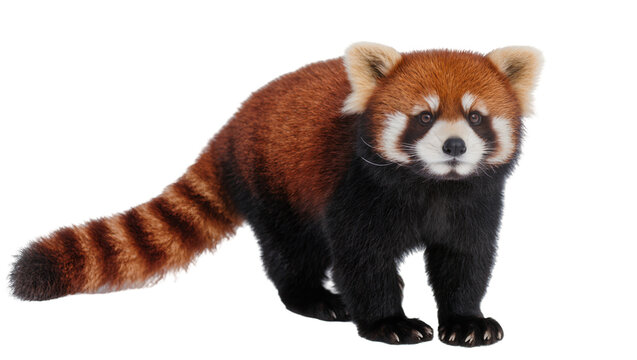 Isolated red panda, a beautiful and fluffy wild animal standing and looking forward