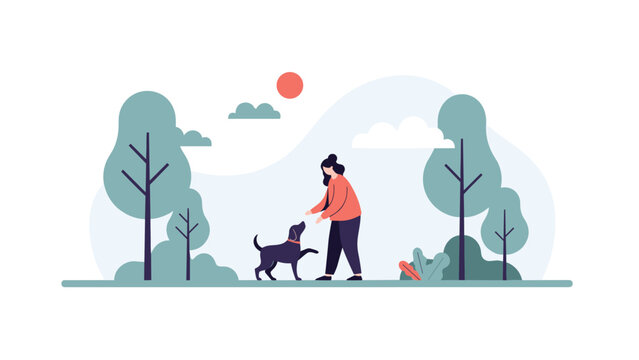 Woman walking and interacting with her pet dog in a peaceful outdoor park area surrounded by green trees and soft clouds under the sun.